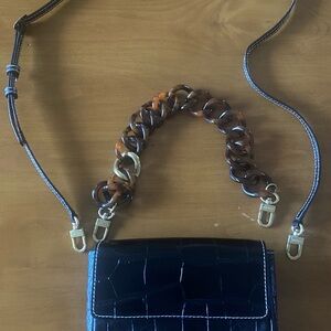 STAUD Black Croc-Embossed Crossbody Bag with Tortoise Chain Strap